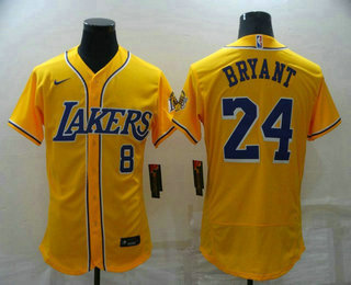 Mens Los Angeles Lakers Front #8 Back #24 Kobe Bryant Yellow Cool Base Stitched Baseball Jersey->->NBA Jersey